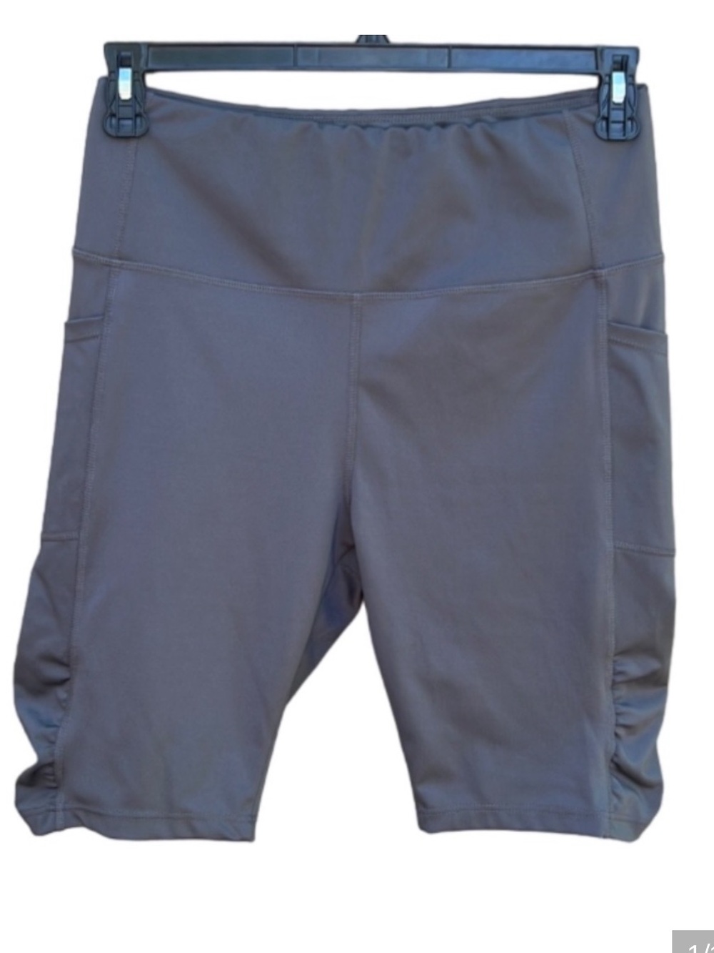 Kay Unger Athletic Shorts, Gray, 9” Inseam, Pockets, Ruched Sides